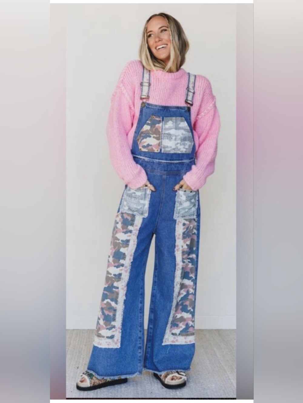 POL Blue Denim Overalls with Pink Camo Panels NWOT